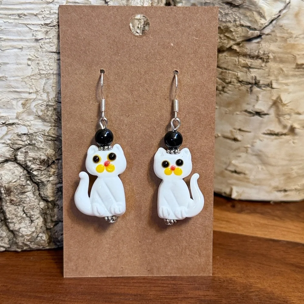 Handmade Glass Cat Earrings Black Bead Stainless Hooks Cute Artisan
